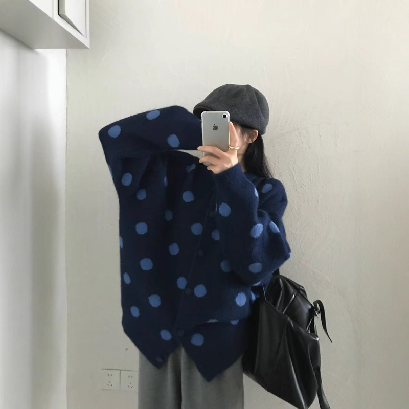 Autumn and Winter Style Trendy V Neck Long-Sleeved Polka-Dot Knitted Cardigan Jacket Loose and Stylish Soft Waxy Sweater