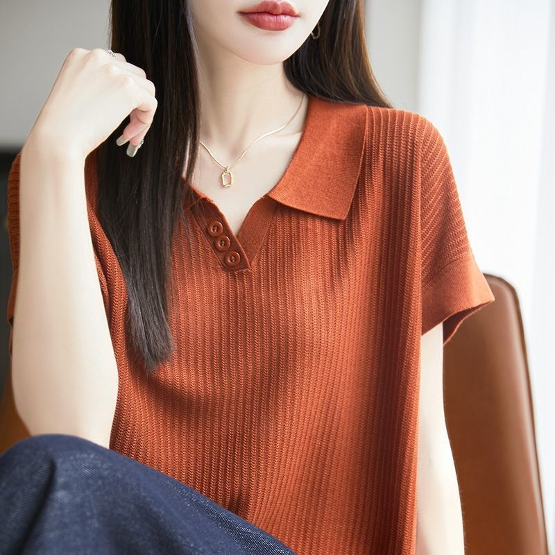 夏季薄款莱赛尔天丝POLO领短袖简约百搭时尚T恤女上衣