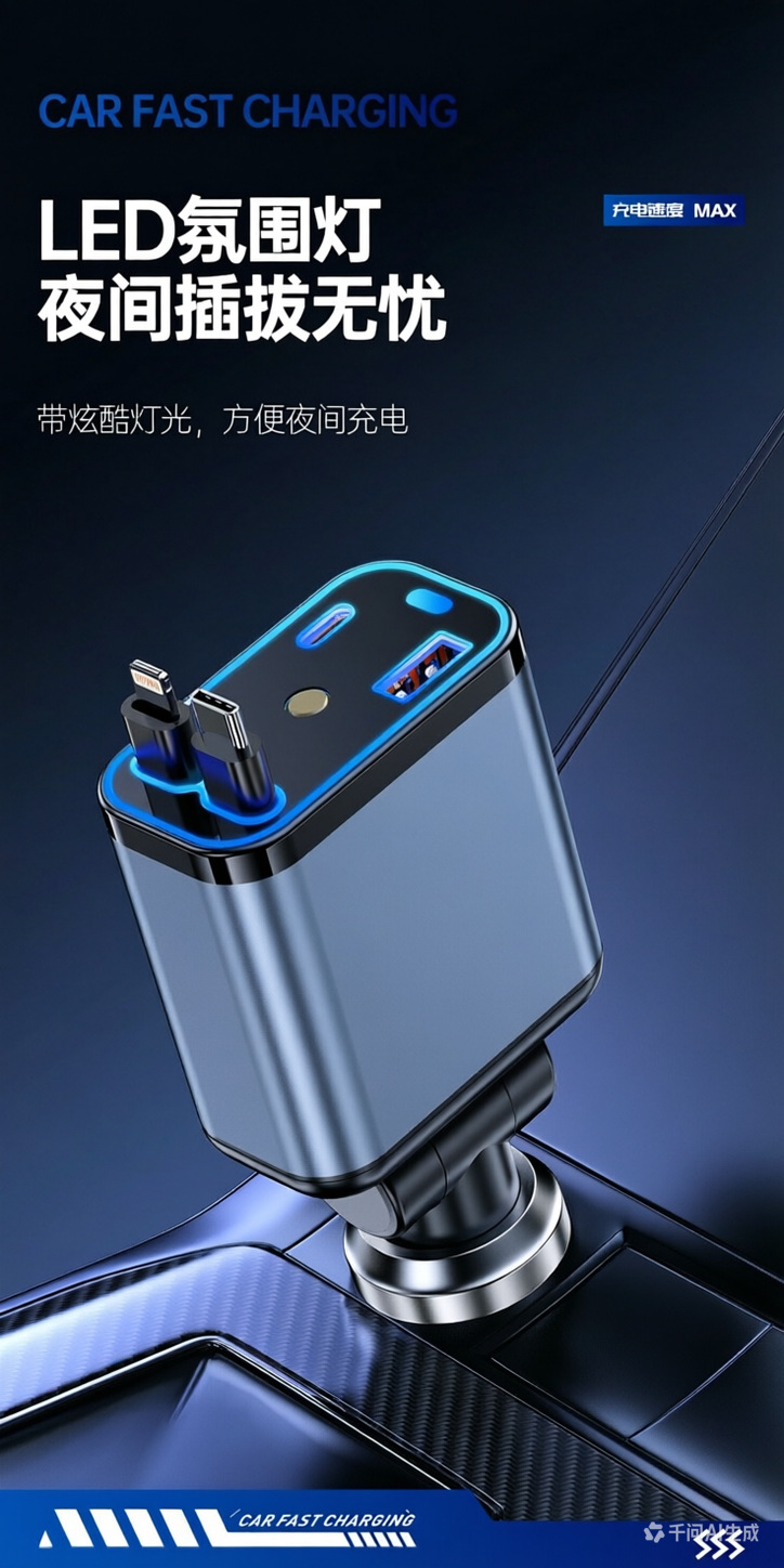 Starry Sky Light Car Charger 120W Digital Display 4-in-1 Retractable Cable Car Charger Aluminum Alloy Fast Charging Flash Charging