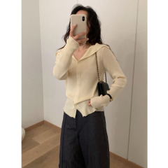 木四 细羊毛翻领修身长袖针织衫女秋韩系气质设计感针织开衫M6454