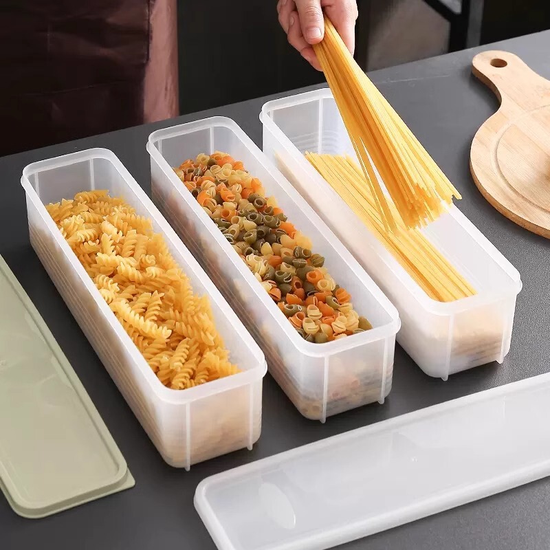 麺収納ケース長方形プラスチック冷蔵庫食品保存ケース蓋付きキッチン雑穀食品そうめん密封ケース|undefined