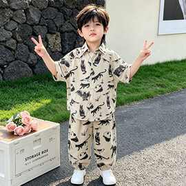 新款长裤童装套装男童2026年上衣夏季两件套衬衫短袖潮酷洋气儿童