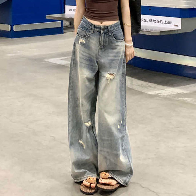明るい破れた穴のジーパンの婦人服の大きいサイズの梨の形のまっすぐな筒のゆったりしている腰の設計感は太ったmmを磨いてズボンを引きずります|undefined