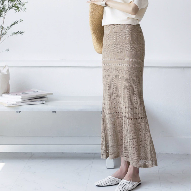 Летняя вязаная крючком вязаная юбка в европейском и американском японском стиле, универсальная юбка на резинке, длинная юбка для отпуска, вид для похудения