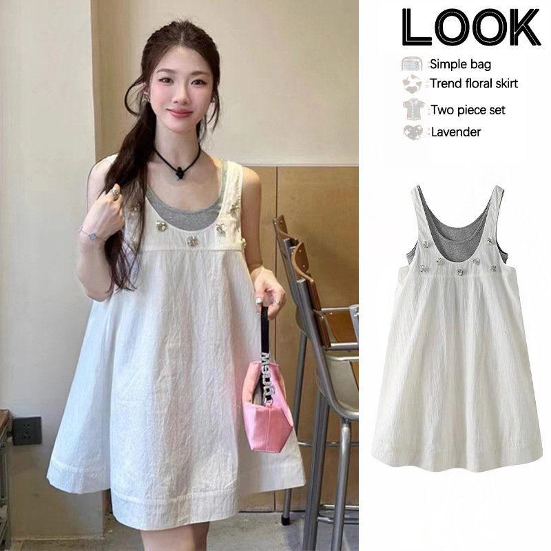 Pregnant Women's Summer Dress dress 2024 Fashion Fake Two-Piece Stacked Skirt with Strap for Summer Thin Skirt for Small Women