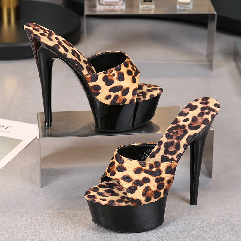 Catwalk Model High Heels, Sexy Thin Heels, Waterproof Platform, 15cm Sky-High Super High Heels, Leopard Print Slippers Catwalk Model High Heels, Sexy Thin Heels, Waterproof Platform, 15cm Sky-High Super High Heels, Leopard Print Slippers