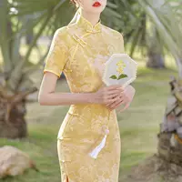 Платье Cheongsam 2025 новый стиль улучшенный молодежный стиль весна-лето ретро желтое китайский стиль женское платье