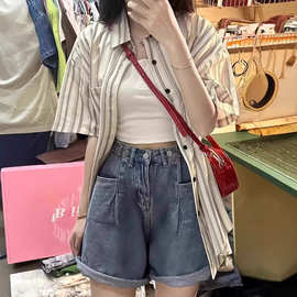法式条纹防晒衬衫外套女夏季新款小个子衬衣短袖港味chic开衫上衣