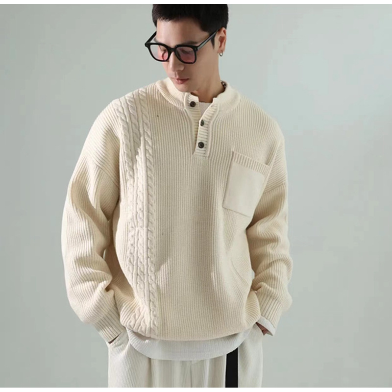 Design sense niche half button collar pocket sweater men's autumn and winter thick knitted clothing American retro sweater Design sense niche half button collar pocket sweater men's autumn and winter thick knitted clothing American retro sweater