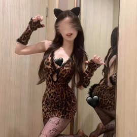 乖巧小野猫 豹纹蕾丝拼接性感镂空深V包臀裙露背火辣低胸睡裙套装