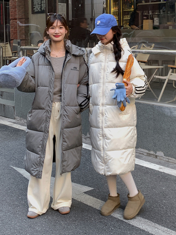 新款长款过膝三条杠羽绒棉服女2025年冬季小个子宽松保暖棉袄外套|undefined