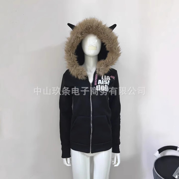 美式Y2k修身毛领拉链卫衣秋季字母图案印花服装欧美跨境批发服装|undefined