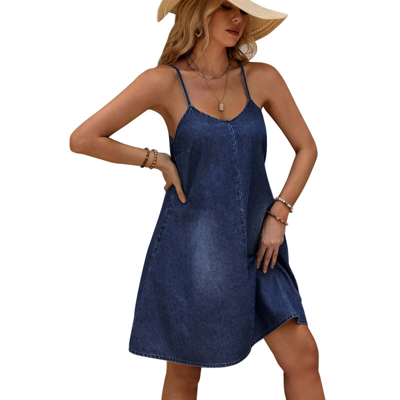 Women's Relaxed Style Denim Suspender Dress Casual Summer Clothing 218590 Cross Border Factory Direct Sales Regular Size_ecoleips.com