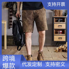 跨境外贸美式复古扎染做旧水洗工装牛仔短裤男青少年宽松牛仔裤男