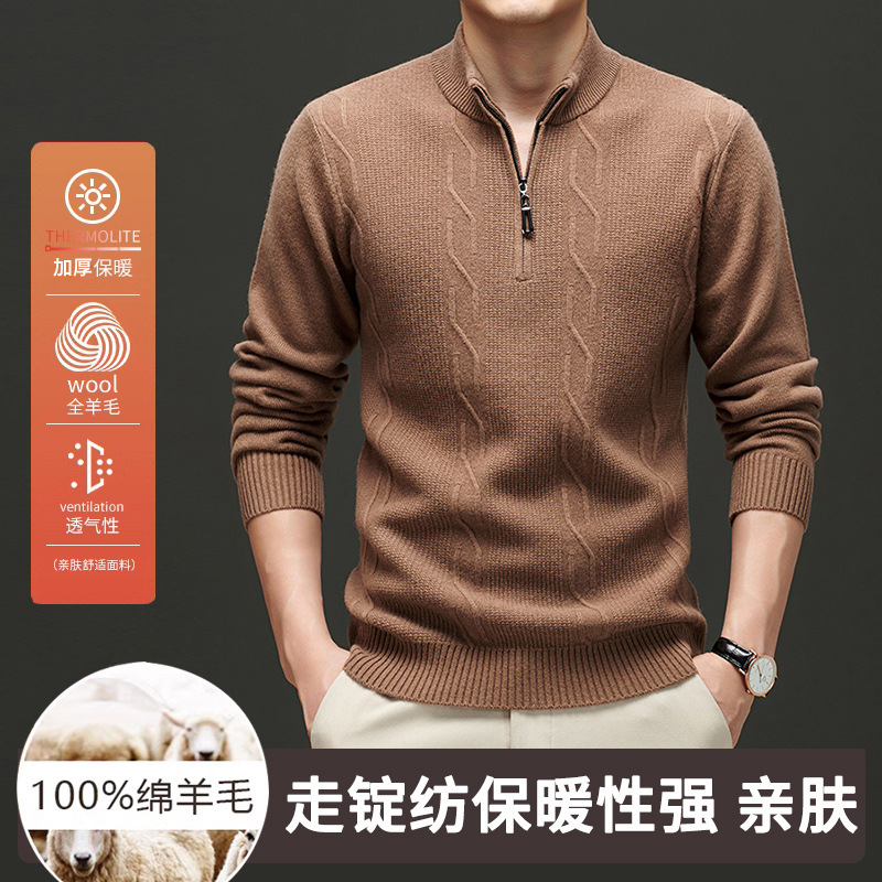 2025 Autumn/Winter Men's 100% Wool Spun 9-Needle Thickened Half-Zip Collar Alana Pullover Knitwear