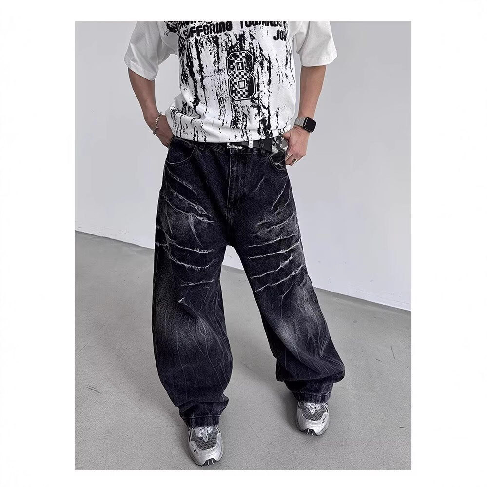 American Style Rivet Lightning Denim Jeans For Men And Women, Wide-Legged Distressed Wash Vintage Drop-Crotch Trousers, Trendy Streetwear Design_mkmklike.com