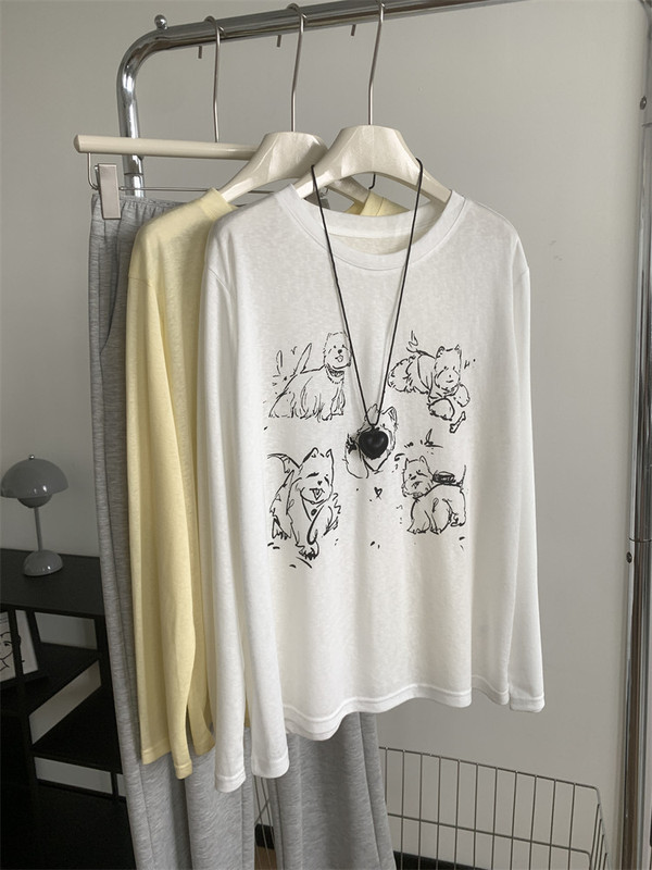 Summer Party! Dog Print Tencel Long-Sleeve T-Shirt Sun Protection Shirt for Women, Loose Casual Thin Cool Cover-Up Ins