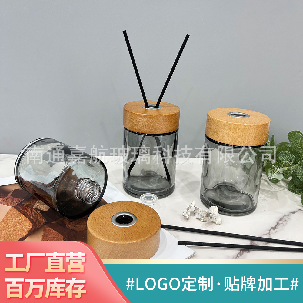 Venta al por mayor 300ml gris simple botella de vidrio cilíndrico transparente recipiente especial de aromaterapia sin fragancia de fuego botella vacía de expansión de fragancia