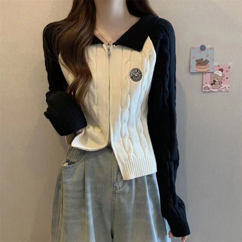 Vintage Contrast Color Design Sense Knitwear Women's Spring Short Inner Base Shirt Double Zipper Sweater Cardigan Base Top Vintage Contrast Color Design Sense Knitwear Women's Spring Short Inner Base Shirt Double Zipper Sweater Cardigan Base Top