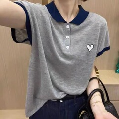 2025 新しい夏の女性のポロシャツラペルセーターアイスシルク半袖 tシャツお腹カバートップ tシャツ