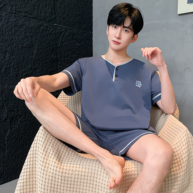 100% 純綿パジャマ男性半袖夏の薄いタイプの青少年カジュアルでゆったりした綿100% の家庭服セット