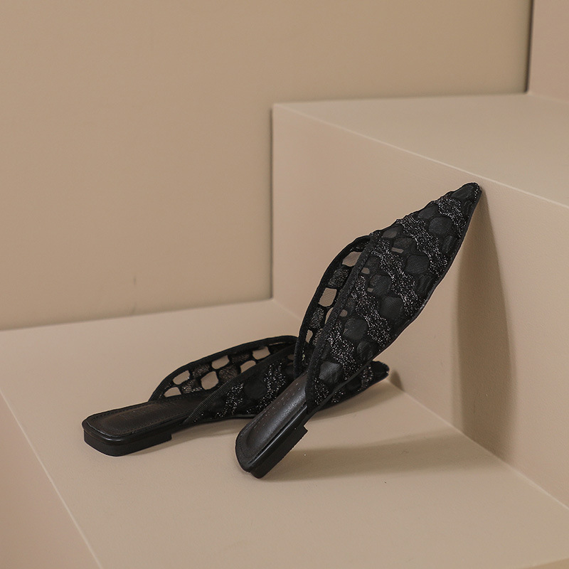 Zapatillas de mujer de verano red punta zapatillas de mujer 2024 nuevo hueco tela fresca zapatillas de mujer con cabeza plana media zapatillas