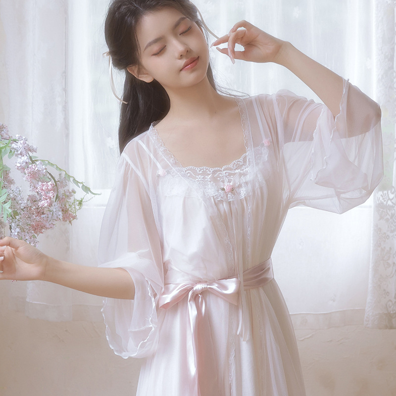 Cool Little Suspender Nightgown, Short Lace Little Rose Splicing Mesh Outer Robe Set, Fairy Soft and Sweet Home Clothes
