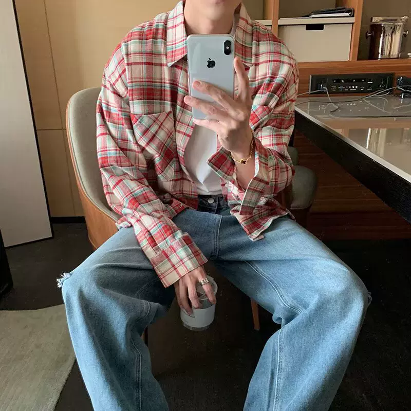 cleanfit条纹格子衬衫男高级感美式复古长袖衬衣设计感情侣装外套