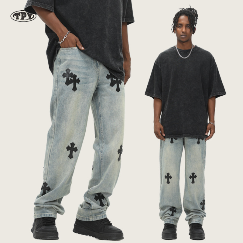 Vintage European and American High Street Cross-Stitch Leather Patch Jeans for Men, Street Style Washed Distressed Vibe Raw Hem Straight Pants