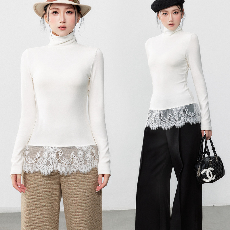 2025 Spring and Autumn Lace Hem High Collar French Style Base Shirt for Women, Slimming White Inner Layer Top, Trendy and Versatile 2025 Spring and Autumn Lace Hem High Collar French Style Base Shirt for Women, Slimming White Inner Layer Top, Trendy and Versatile
