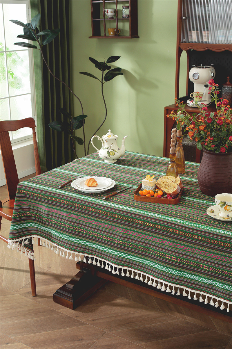 Nappe En Jacquard Style Ethnique Américain Avec Franges Et Dentelle_voghion.com