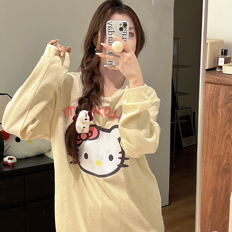 hellokitty Cashmere Spring and Autumn Pajamas Women's Band Bra Chest Pad Round Neck Sweet Cartoon Outer Wear Home Clothes