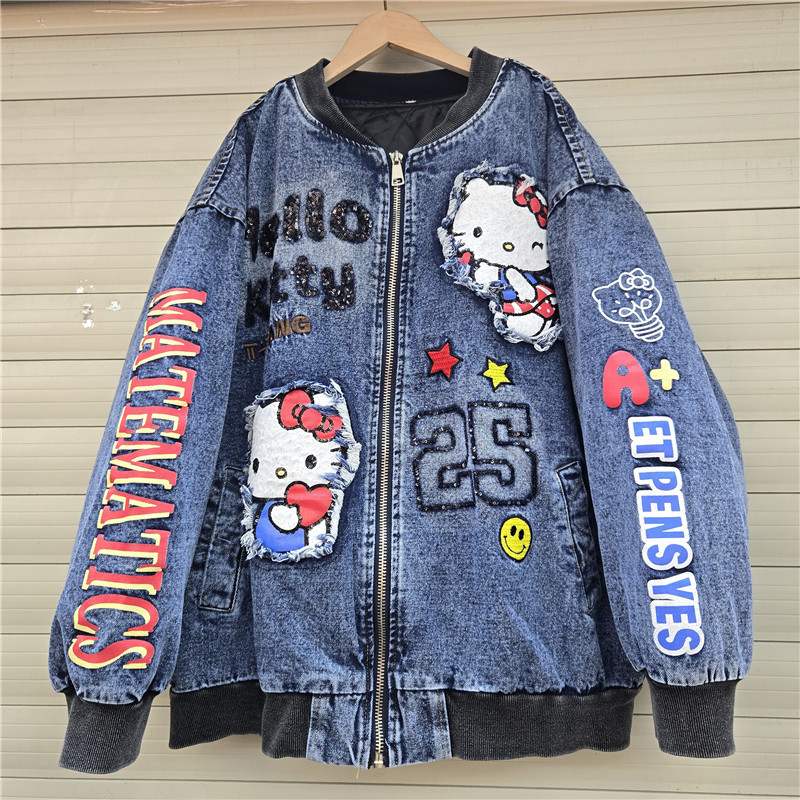 Marca de moda europea desmontable chaqueta de revestimiento interior, chaqueta de vaqueros de dibujos animados extranjeros, chaqueta bordada, chaqueta de béisbol de algodón