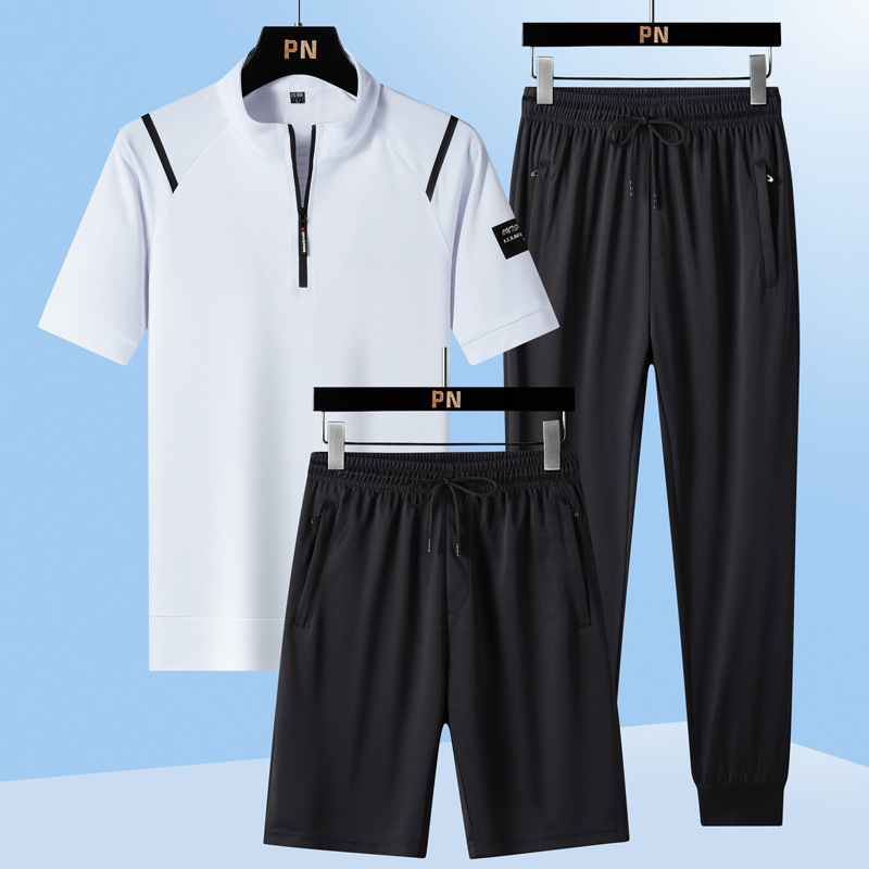 Plus Size Summer New Short-Sleeved Casual Sports Suit Ice Silk Quick-Drying t Men's Pants Stand Collar Loose Three-Piece Set