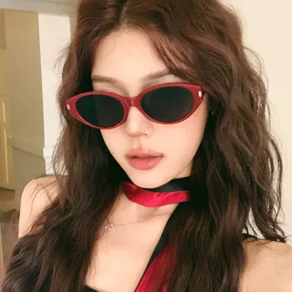 辣妹猫眼太阳镜韩系潮高级感素颜墨镜女男款复古酒红色防晒UV400