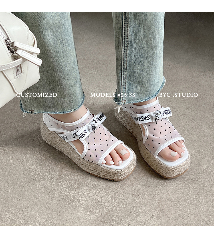 Sandal hở mũi nữ đế xuồng lưới chấm bi gót độn cao 2025 — Chấm bi trắng, Màu trắng chi tiết 15
