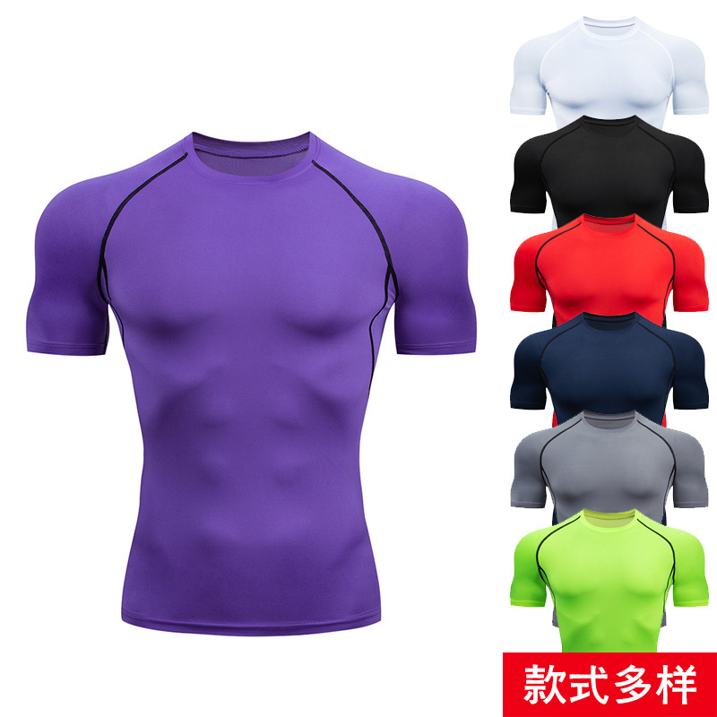 Men's Fitness Short-sleeved Sports Running Tight Round Neck T-shirt Basketball Football Compression Quick-drying Clothes White Red