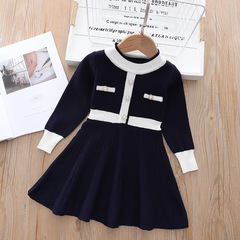Children's Xiao Xiang Style Cardigan Dress for Little Girls, 90-130 South Korean Version Princess Dress, Children's Knit Round Neck Dress
