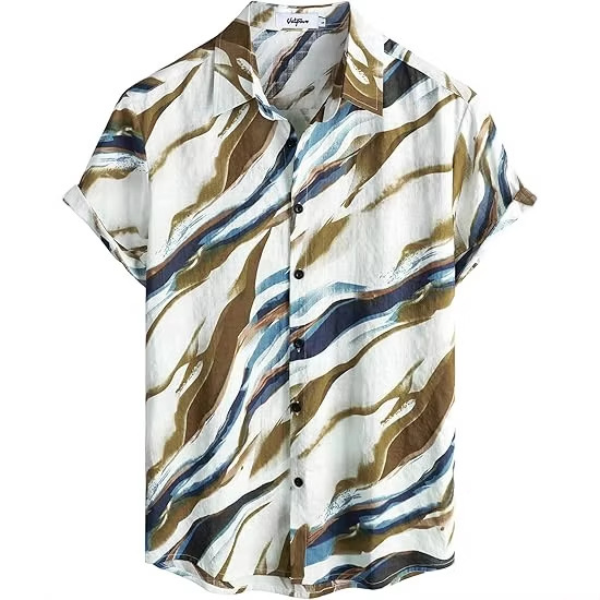 2026 New Model Exclusively for Cross-Border Trade, Hawaiian-Style Men's Short-Sleeve Shirt Made of Bamboo Linen, Custom Design from Provided Images