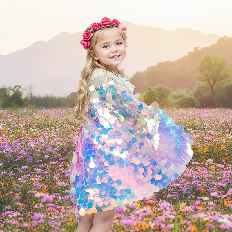 2025新款跨境女童美人鱼披风欧美闪闪发亮珠片可爱公主甜美披风