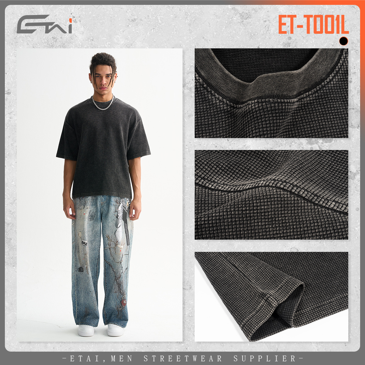 ETAI Hombre| Camiseta de alta calidad retro lavable Waffle color frito camiseta de moda corta suelta camiseta hombre image 5