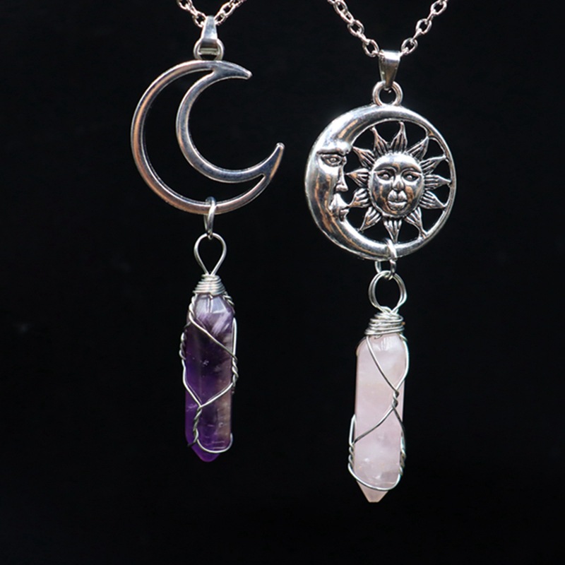 10g Weight Alloy, Natural Stone, Crystal Pendant Material Pendant Necklace Classification Alloy Chain Material cable chain Chain Type 1 Piece Quantity Holiday, Daily Occasion Alloy, natural stone, Crystal Material Sun, Moon, Tree Pattern Unisex Gender Polishing, Hollow Out Design Casual, Retro Style Casual Retro Sun Moon Tree Alloy Natural Stone Crystal Pendant Necklace In Bulk 6