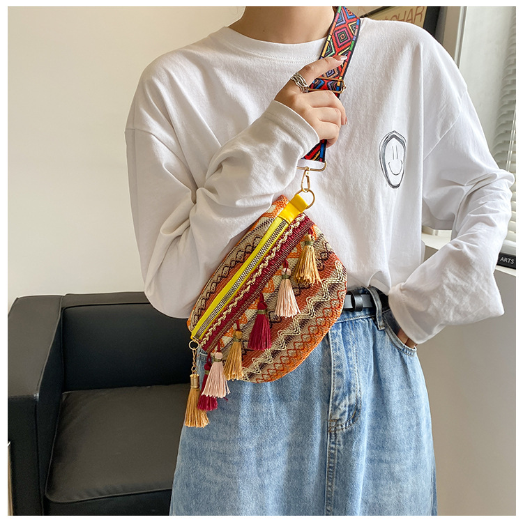 112g Weight Tassel, Weave, Sewing Thread Fashion Element Zipper Closure Type Single Shoulder Strap Strap Type Fanny Pack Bags Type Holiday, Daily Occasion cotton and linen Material Women's Backpack Backpack Waves Pattern All Seasons Season Women's Gender Ethnic Style Style Square Shape Women's Ethnic Style Waves Cotton And Linen Waist Bags 19