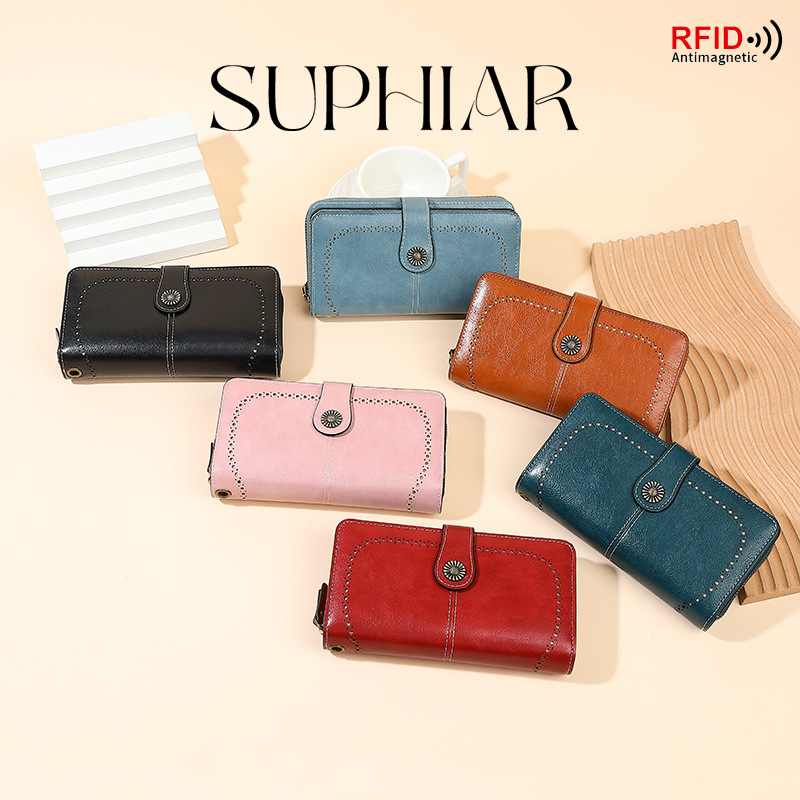 Amazon venta caliente RFID cepillo antideslizante billetera de damas larga cremallera pu europea y americana gran capacidad billetera de mano