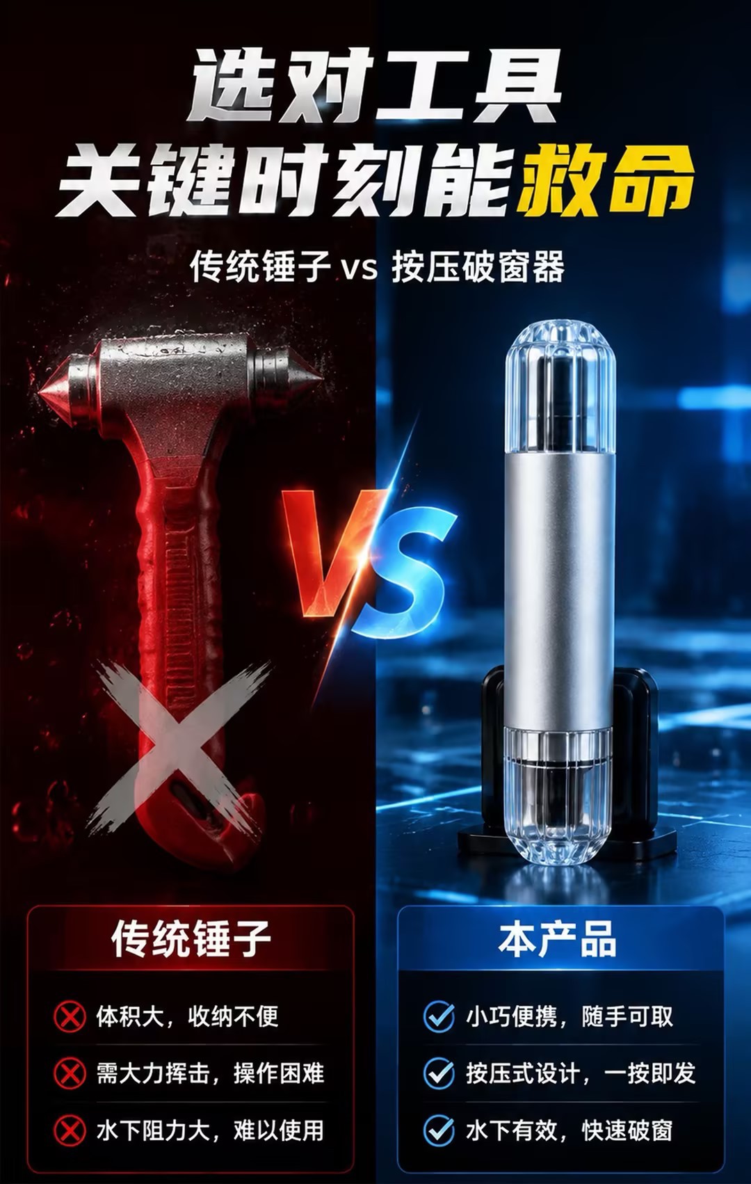 Car window breaker and seatbelt cutter 2-in-1 escape hammer multifunctional emergency car window breaking safety tool