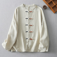 新款新中式棉麻开衫女春秋复古国风佛系撞色盘扣禅意茶服外套衬衫