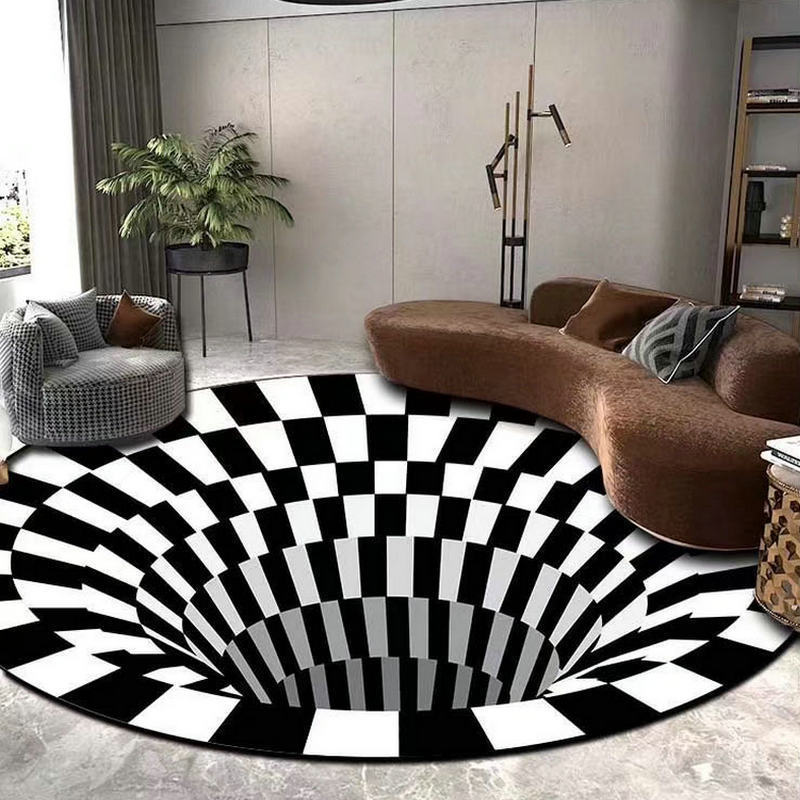 3D visual vértigo ilusión trampa alfombra redonda blanco y negro sala de estar mesa de café de cristal terciopelo casa dormitorio alfombra del piso