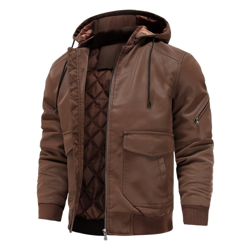 PU chaqueta de cuero de los hombres engrosada chaqueta de la motocicleta uniforme de béisbol ropa acolchada sombrero parka desmontable