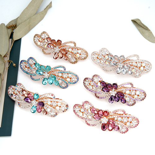 Diamond Flower Spring Clip Crystal Hairpin Rhinestone Hairpin Temperament Headwear Hair Accessories Horizontal Clip Ponytail Clip Jewelry Wholesale