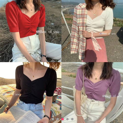 Summer Hong Kong-style Retro Bubble-Sleeve Short Base Layer V-Neck Knitted Top for Women